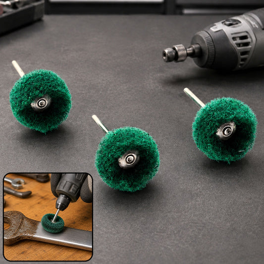 Three green polishing wheels with metal shanks and a rotary tool on a dark surface, with an inset image of one wheel in use.