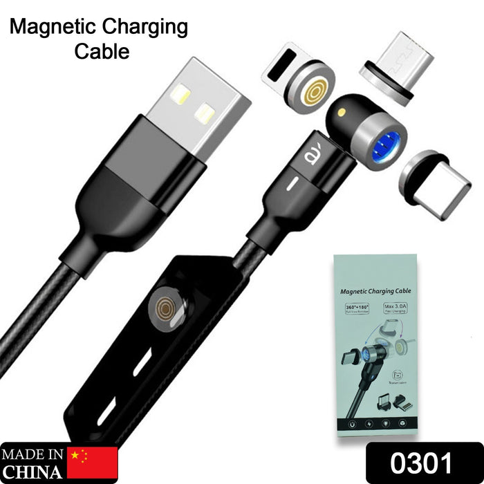 0301 3 in 1 Magnetic USB Charging Cable | USB-c Android and Lightning with Extra Protecting Nylon| Strong Magnetic Cable with Full Rotation Support Fast Charging