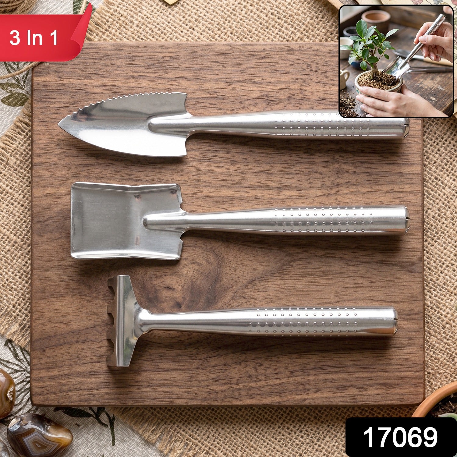 Stainless Steel 3 in 1 Garden Hand Tool Set Spade Rake and Fork (3 Pc Set)