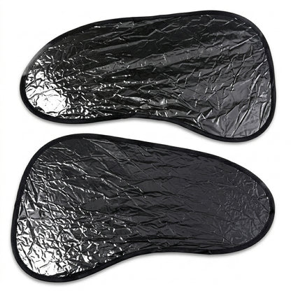 Two black car sunshades with crinkled texture and black trim, displayed on a plain white background.