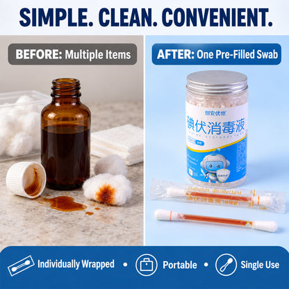 Individually Wrapped Iodine Swab Sticks with Dual Cotton Tips (50 Pc)