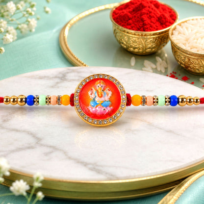 Ganesha Rakhi for Brother Golden Motif with Stones & Beads (5pcs)