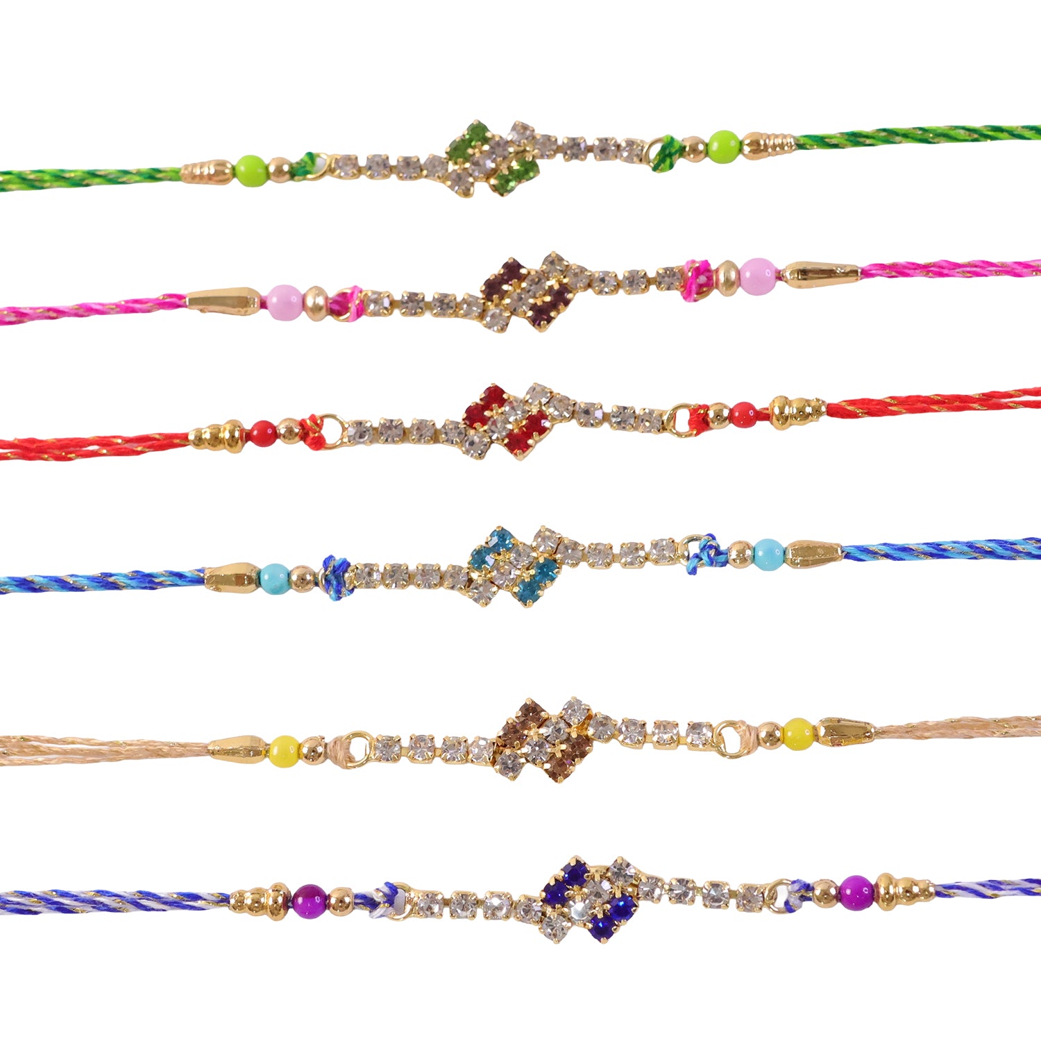 Compact Square Stone Rakhi in Mix Colour Threads (Pack of 6)