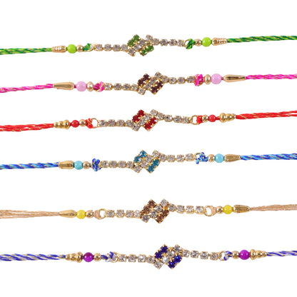Compact Square Stone Rakhi in Mix Colour Threads (Pack of 6)