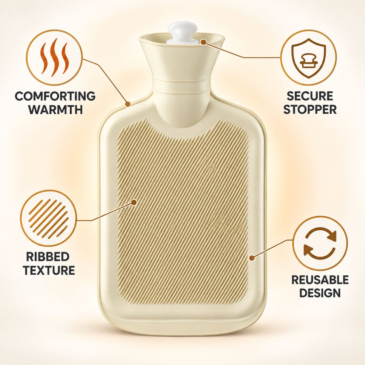 A light yellow hot water bottle with a ribbed texture is shown with icons highlighting comforting warmth, secure stopper,