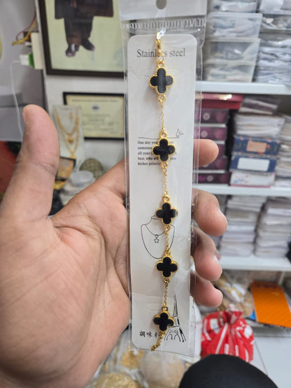 Black Clover Design Gold Tone Bracelet for Women Stylish Fashion Jewellery