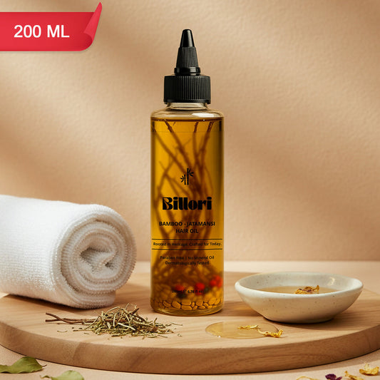 Bamboo Jatamansi Hair Oil with Methi Seeds, Gunja Seeds, Vetiver Roots & a trio of Rice Bran, Sesame & Castor Oils (200 ml)