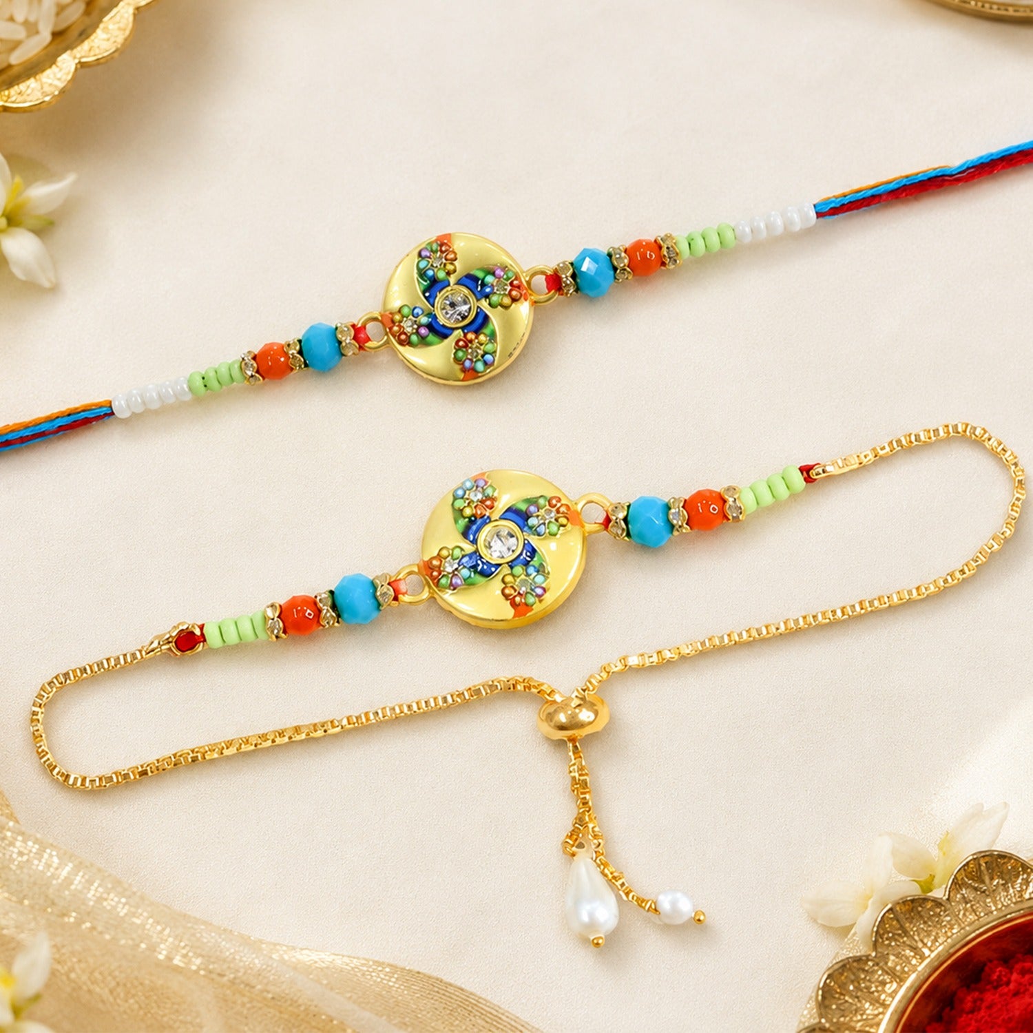 Peacock Rakhi – Elegant Designer Thread with Red Beads for Brother