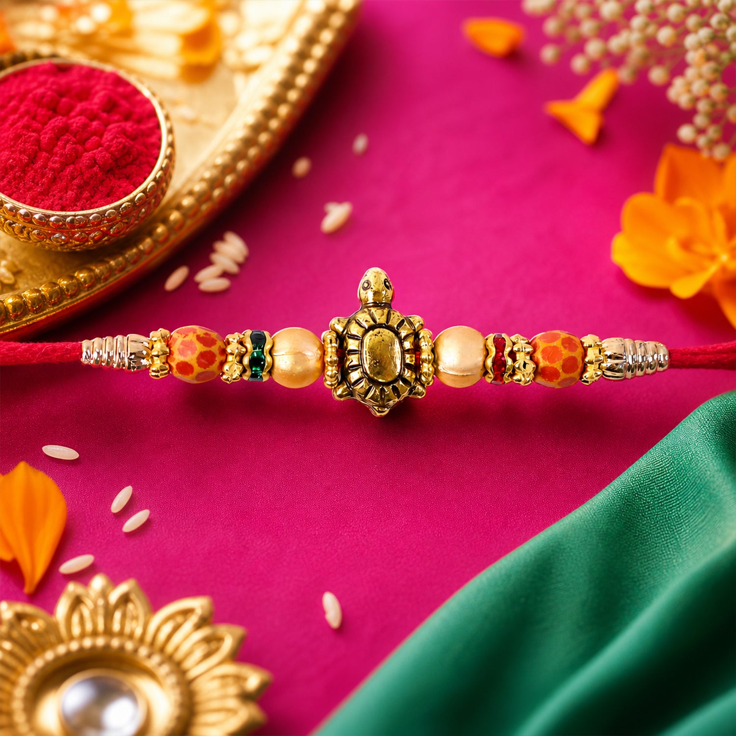 Red Thread Rakhi with Antique Gold Turtle Pendant and Beaded Accents