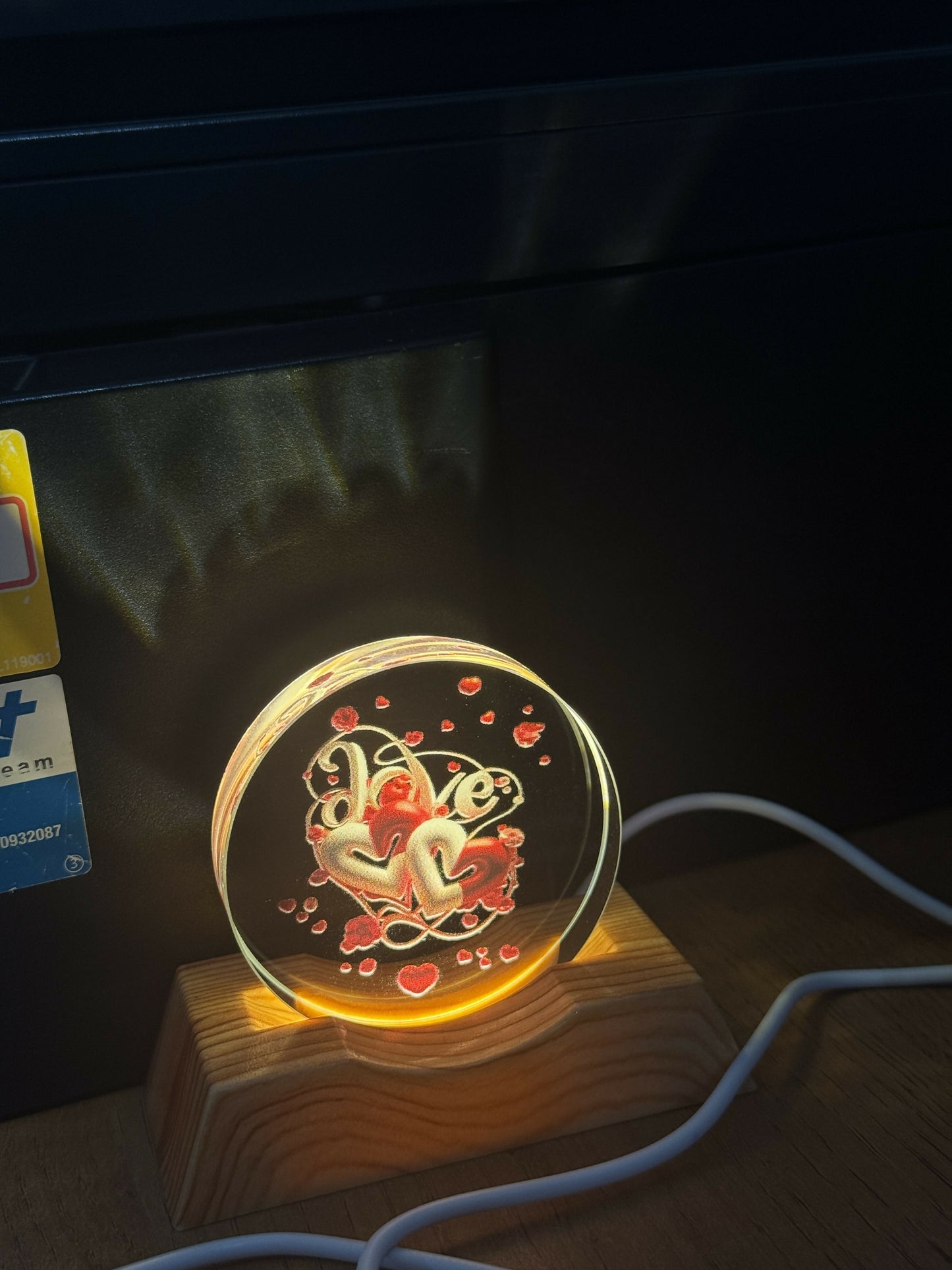 Love Double Heart Acrylic LED Lamp with Wooden Base Romantic Gift Light