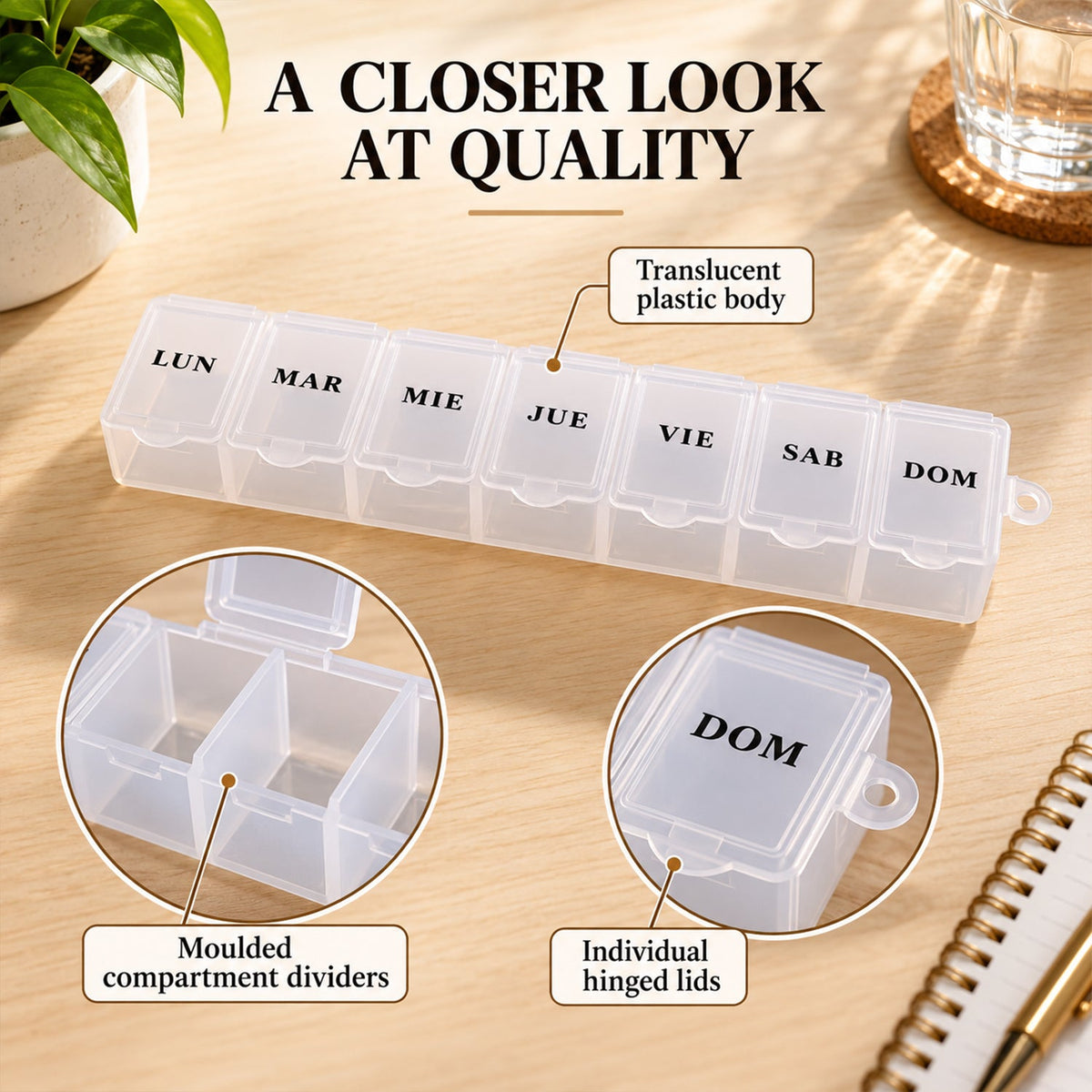 A close-up view of the pill organizer highlights its translucent body, molded dividers, and individual hinged lids.