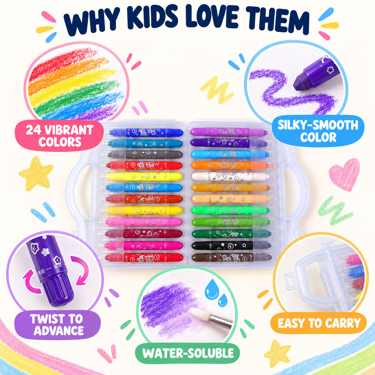 Twist-Up Water-Soluble Colour Crayons with Brush and Carry Case (24 Pc)