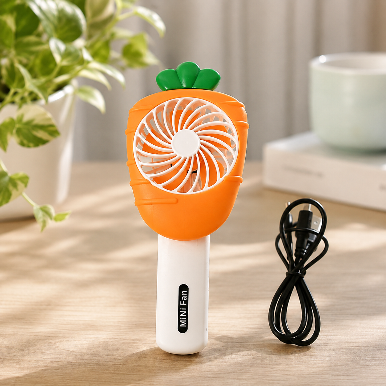 An orange and white carrot-shaped handheld mini fan with a black USB cable on a wooden desk next to a plant.