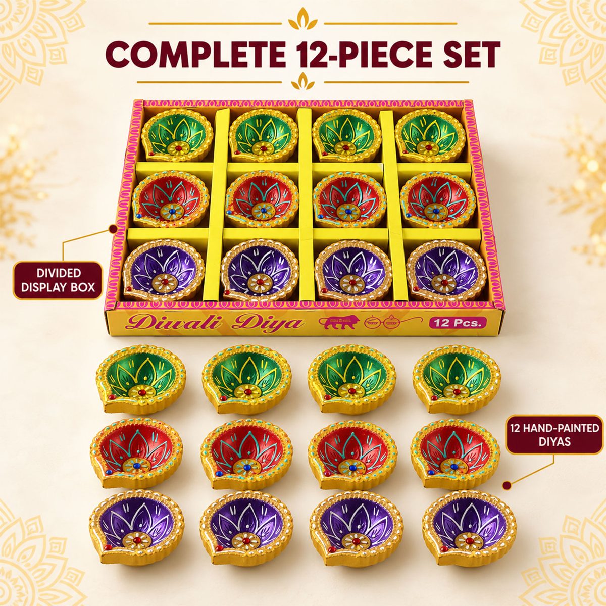 Decorative Painted Clay Diyas with Lotus Motifs and Gold-Tone Rims (12 Pc)