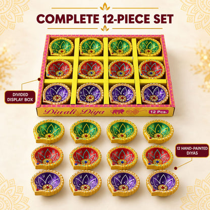 Decorative Painted Clay Diyas with Lotus Motifs and Gold-Tone Rims (12 Pc)