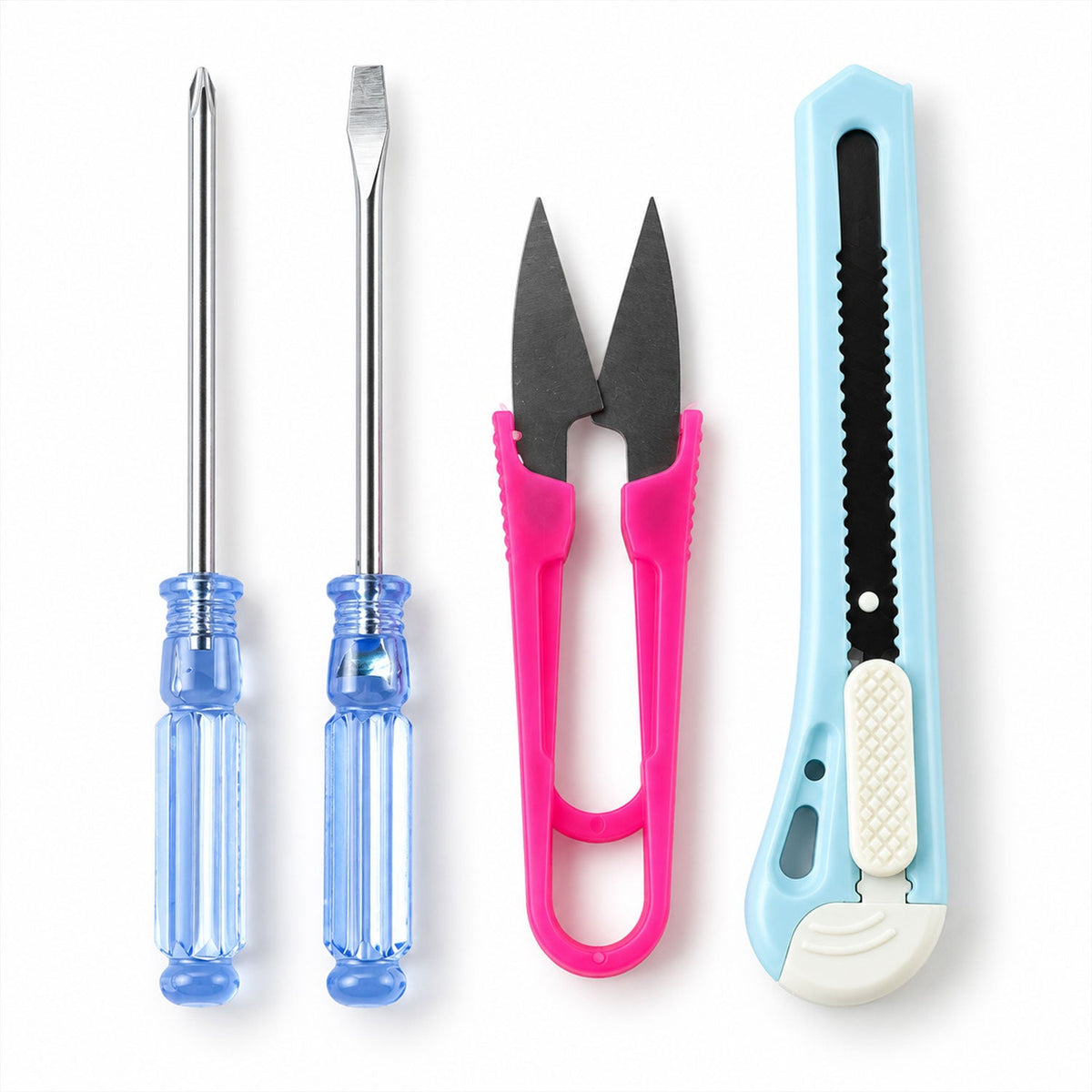 A top-down view of two blue-handled screwdrivers, pink thread snips, and a light blue utility knife on a white background.