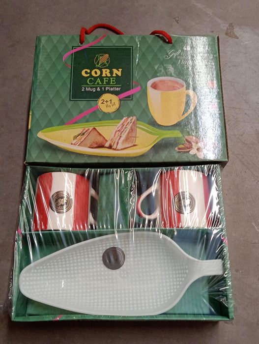 Corn Cafe Ceramic Tea / Cups Set Including Plastic Leaf Shape Serving Platter Milk Cup, Coffee Cup, Tea Cup, Breakfast Cup / Mug, or Outdoor for Household Gift For Birthday (3 Pcs Set)