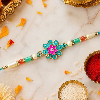 Premium Rakhi with Floral Blossom Charm and crystal accents in bead line for Gift Use