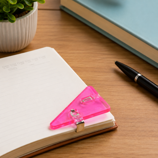 A pink plastic triangle corner clip on an open notebook, with a plant and pen in the background.