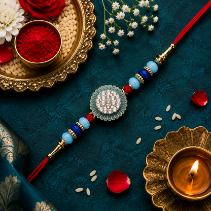 A red thread bracelet featuring a crystal-adorned medallion and blue beads rests on a dark teal textured surface, with a