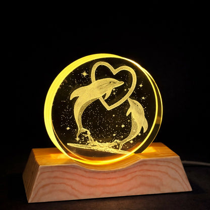 Dolphin Heart Engraved Acrylic LED Night Lamp with Wooden Base for Home Decor