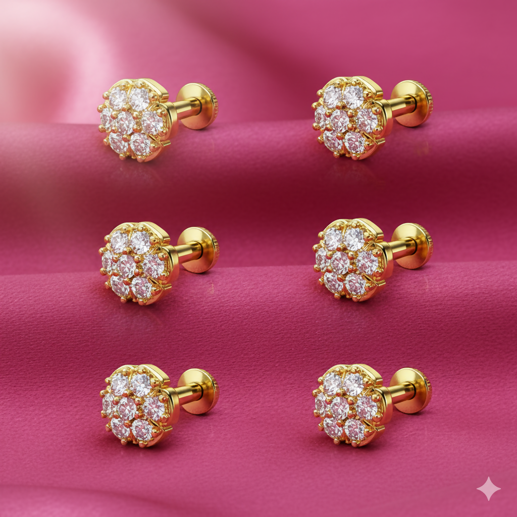 Gold plated flower crystal stud earrings showing flat back screw post design
