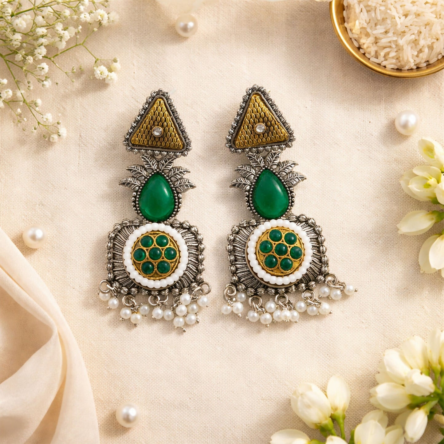 Elegant Oxidized Silver Earrings with Green Stone & Pearl Drop Fringe