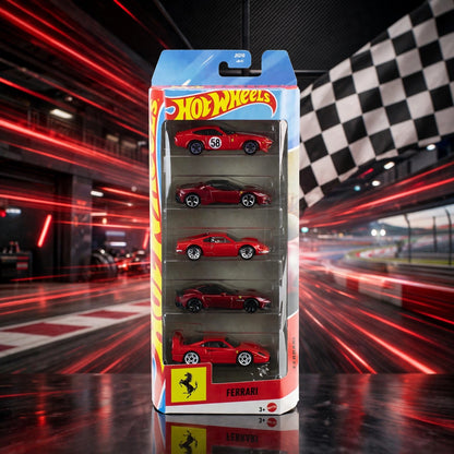 Five red Hot Wheels Ferrari cars displayed vertically in their clear plastic packaging, set against a blurred racing track