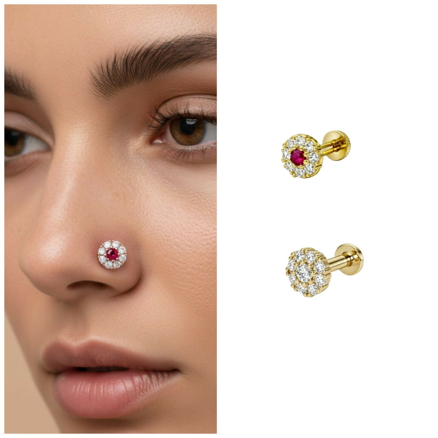 Close-up of elegant ruby floral halo nosepin stud showing intricate gold plated design