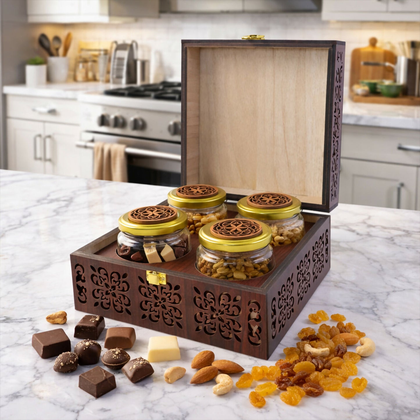 Luxury wooden 4-jar gift chest showing hand-carved floral designs on mahogany wood