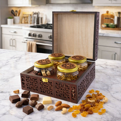 Luxury wooden 4-jar gift chest showing hand-carved floral designs on mahogany wood