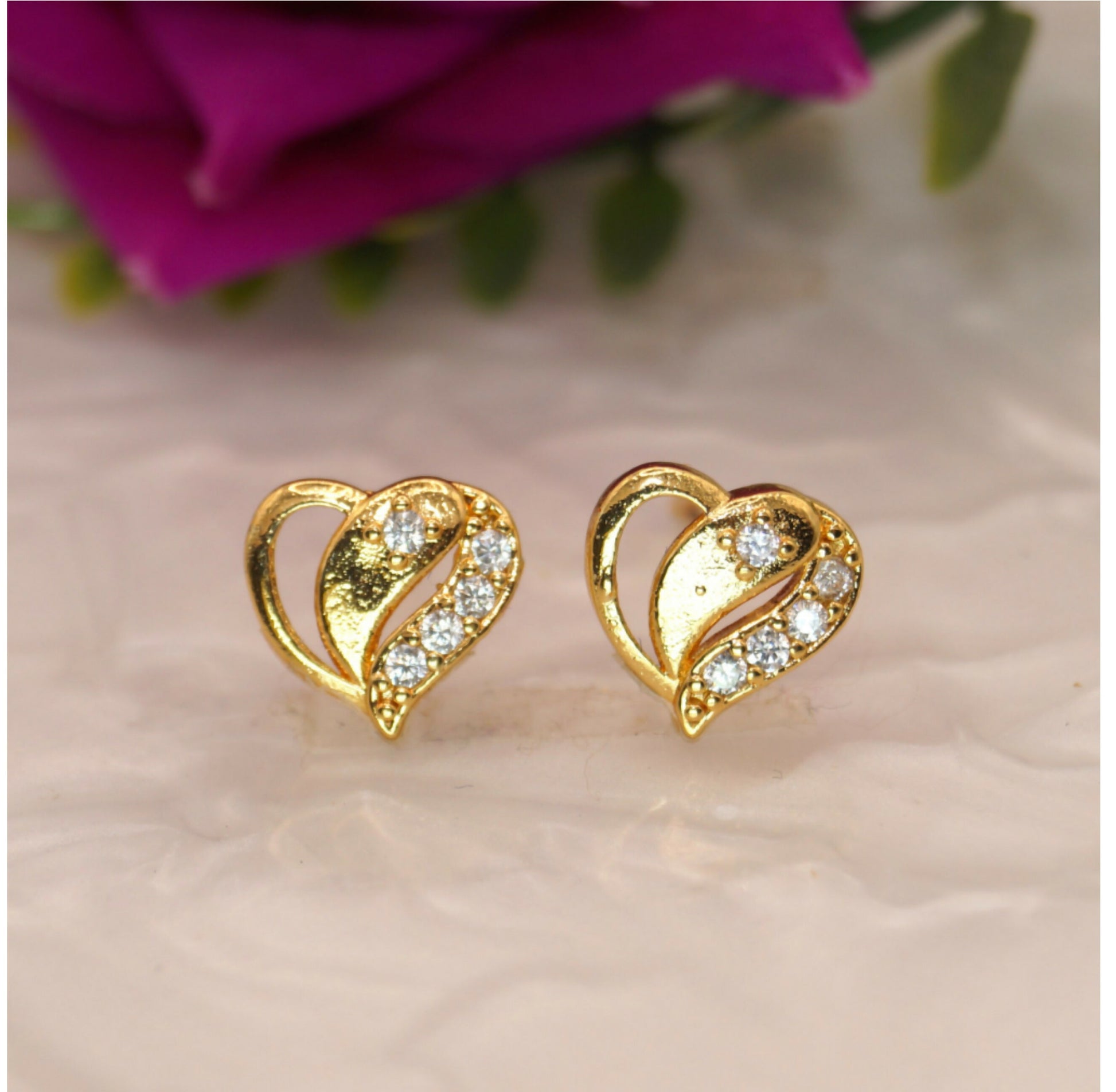 Dainty Gold Heart Stud Earrings with AD for women & girls
