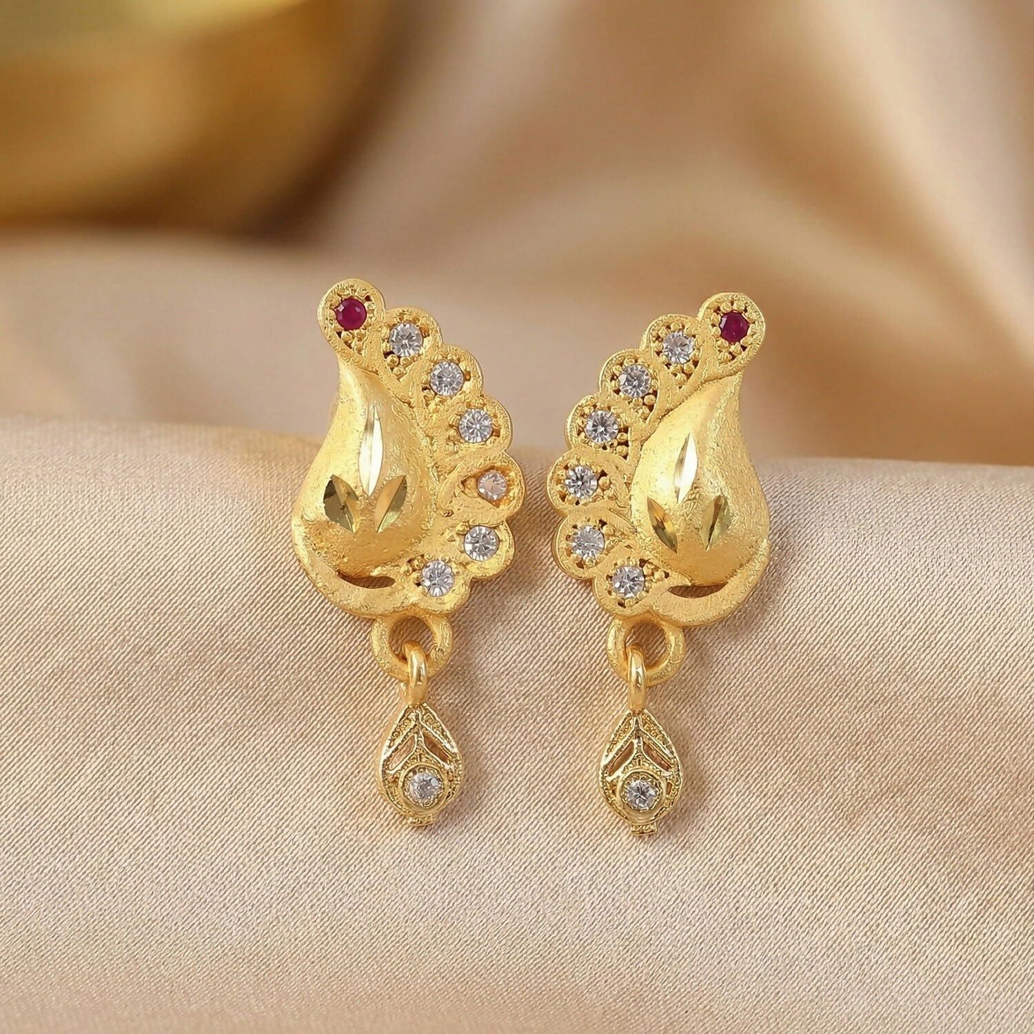 Peacock Inspired Gold Finish Earrings With Textured Motif And Stone Drop Accent