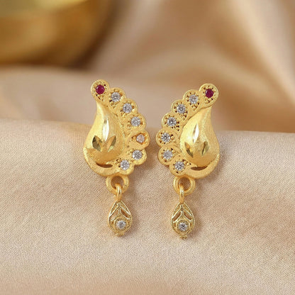 Peacock Inspired Gold Finish Earrings With Textured Motif And Stone Drop Accent