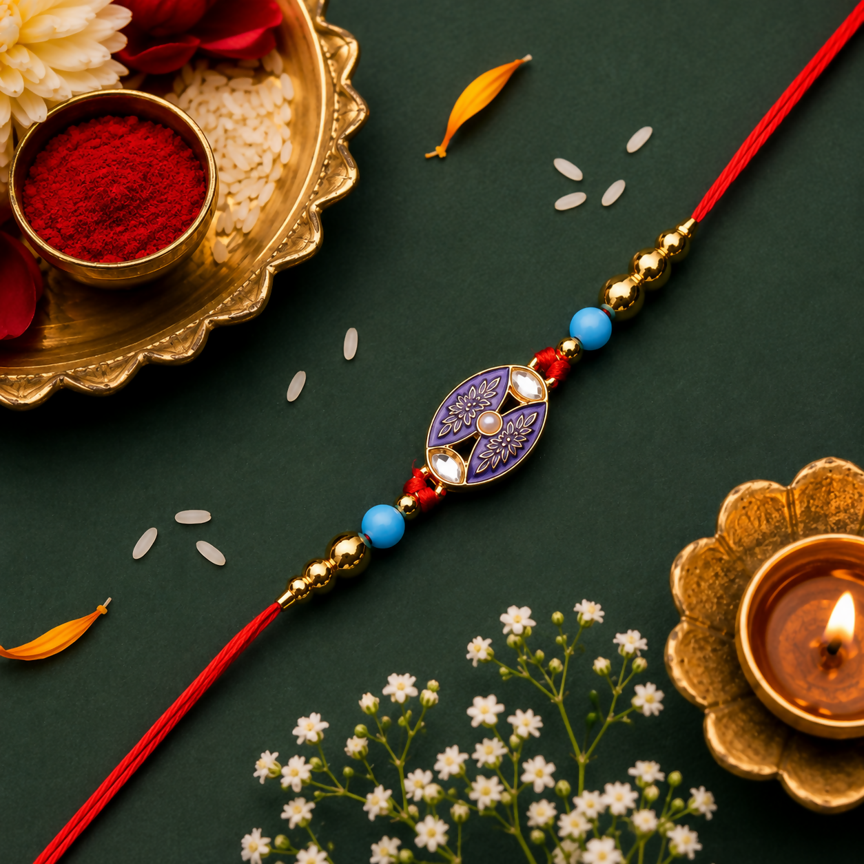 A red thread with a purple and gold oval charm, gold, and turquoise beads is centered on a dark green background with