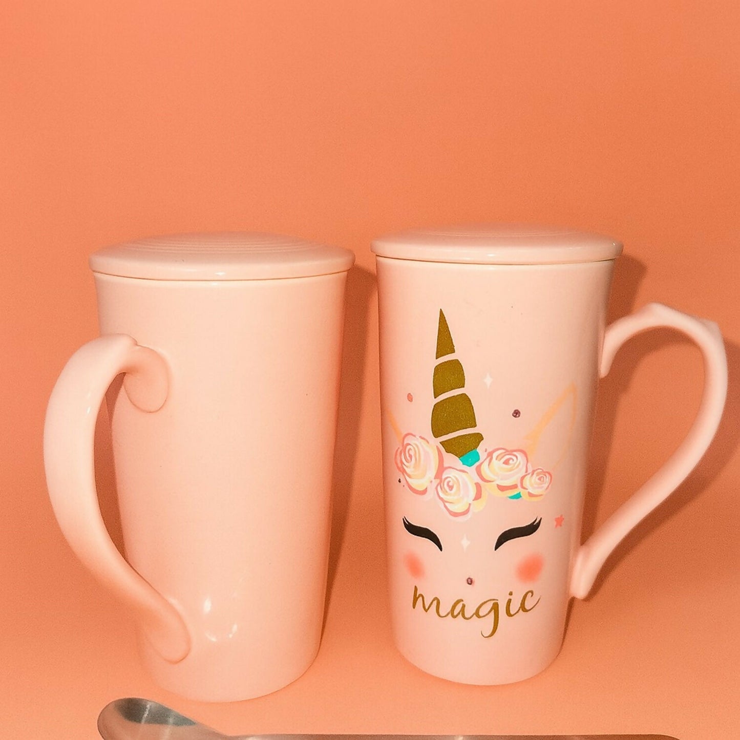 Premium Unicorn Printed Ceramic Mug With Golden Lid & Spoon | Cute Pink Coffee Mug With Lid For Girls, Office & Home Use | 400ml Large Capacity Tea Cup | Gift For Birthday, Kids, Women, Magic Unicorn Printed Cup (Pack of 1)