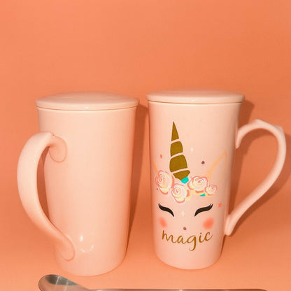 Premium Unicorn Printed Ceramic Mug With Golden Lid & Spoon | Cute Pink Coffee Mug With Lid For Girls, Office & Home Use | 400ml Large Capacity Tea Cup | Gift For Birthday, Kids, Women, Magic Unicorn Printed Cup (Pack of 1)