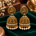 Women’s Antique Gold Temple Jhumka Earrings with Traditional Deity Design, Crystal Stones and Pearl Bead Drops, Ethnic Wedding Jewellery