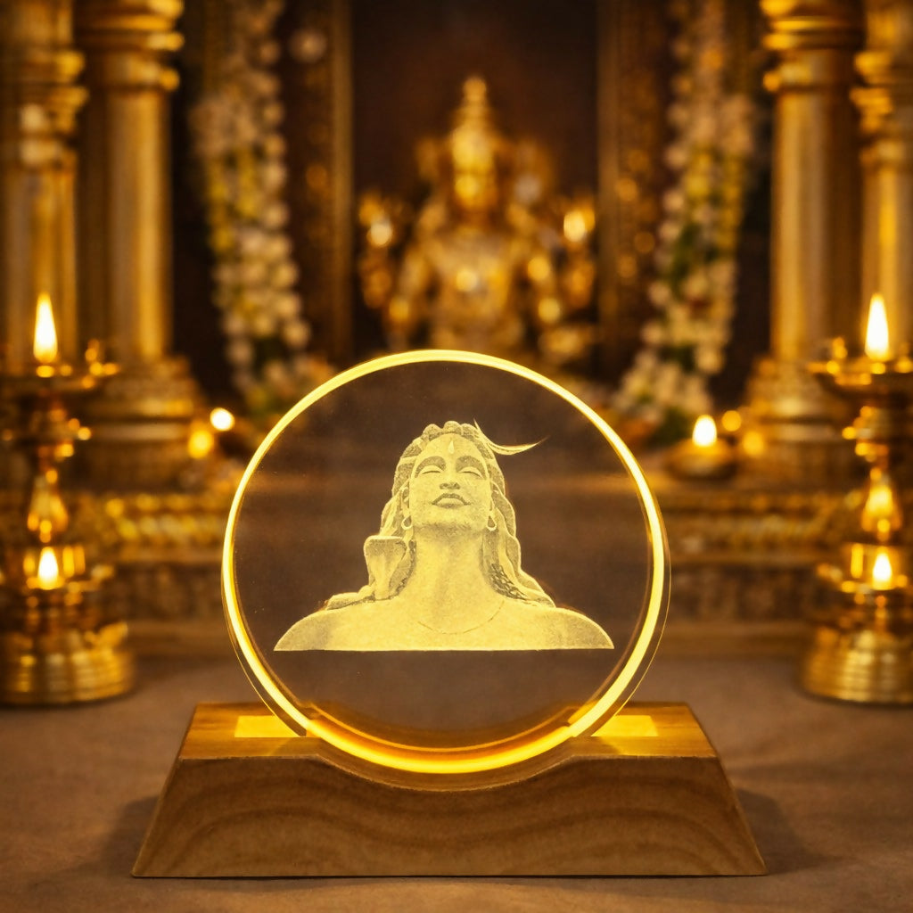 Shiv Engraved Acrylic LED Night Lamp with Wooden Base for Home Decor & Gifting