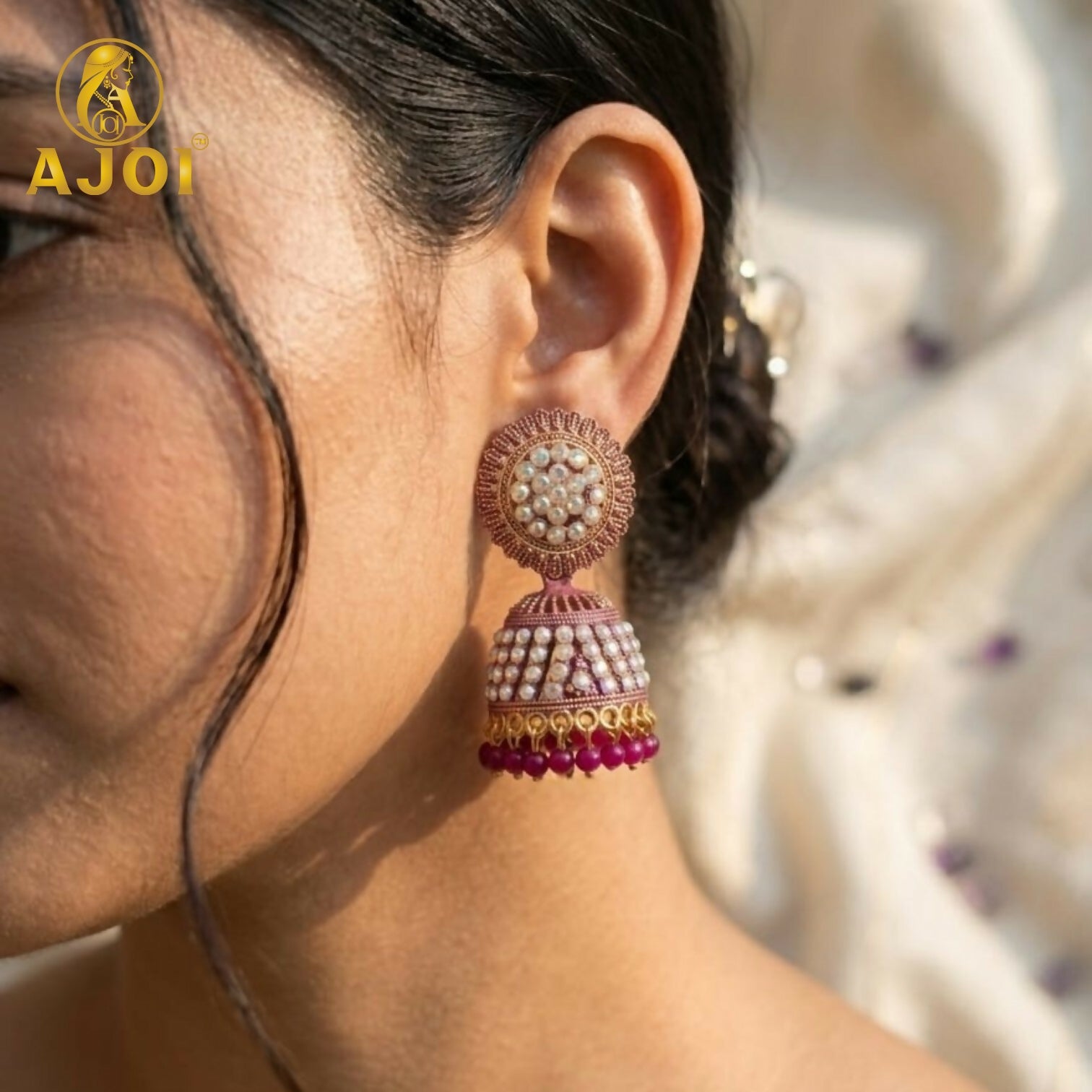 Elegant Pearl Studded Jhumka Earrings with Pink Beads Traditional