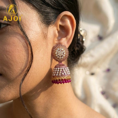 Elegant Pearl Studded Jhumka Earrings with Pink Beads Traditional