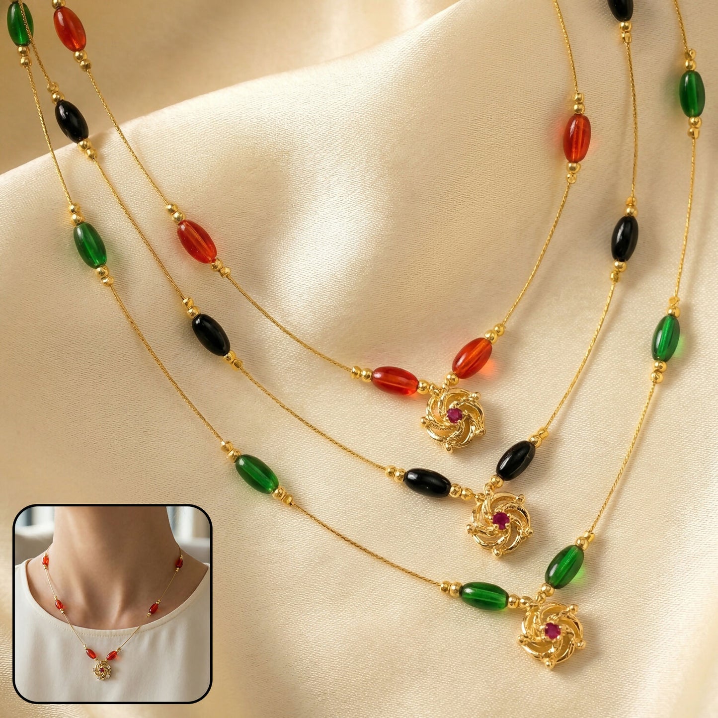 Triveni Beads Gold Necklace with Multicolor Navrang Design (3Pc/Set)