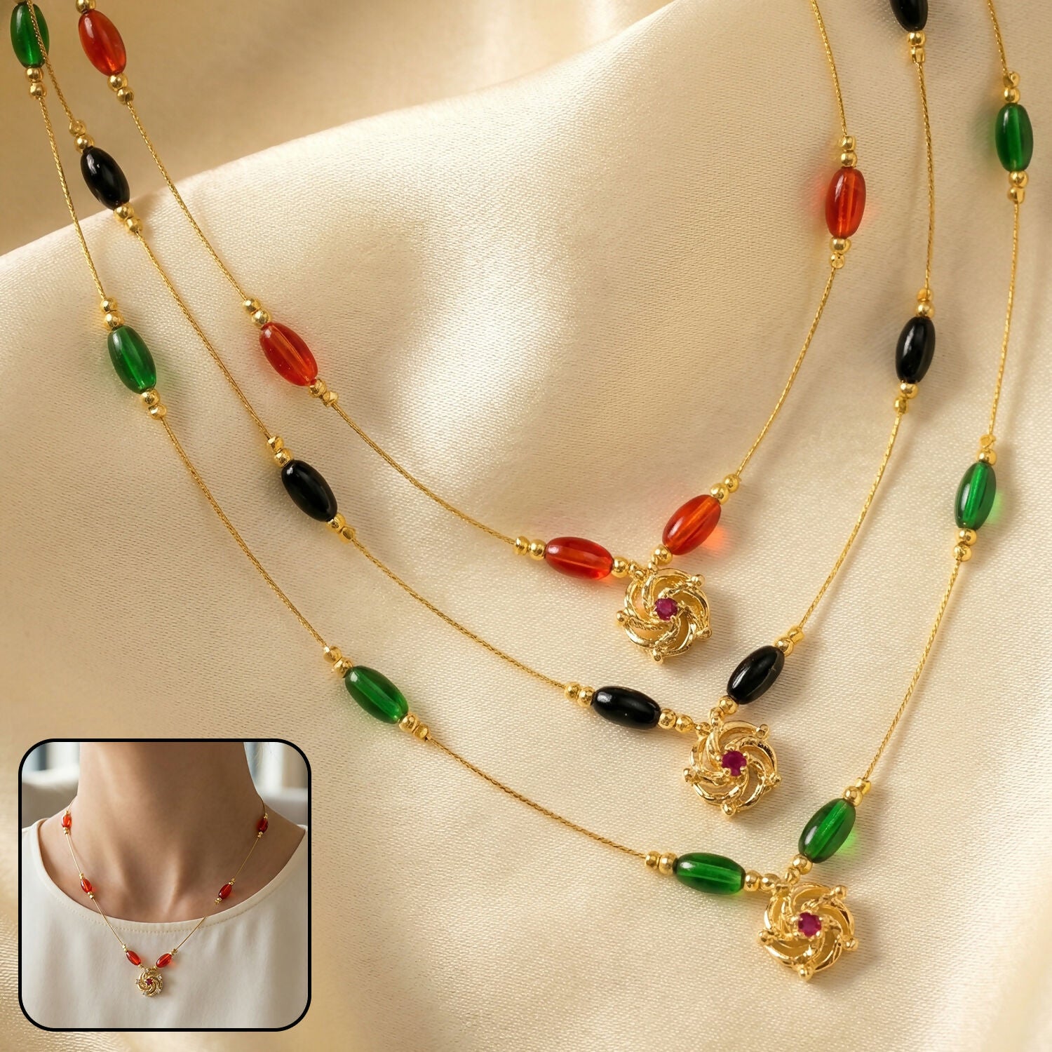 Triveni Beads Gold Necklace with Multicolor Navrang Design (3Pc/Set)