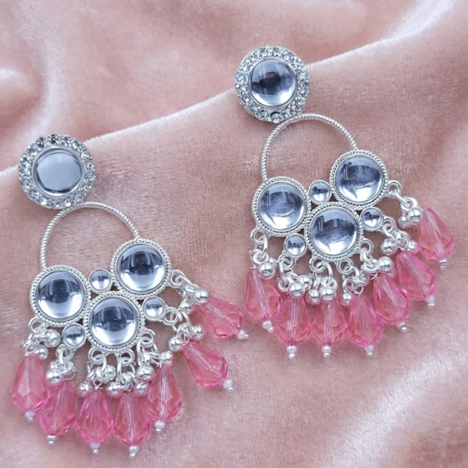 Kundan Baby Pink Pearl Silver Plated Chandbali Earrings Agate Alloy Chandbali Earring