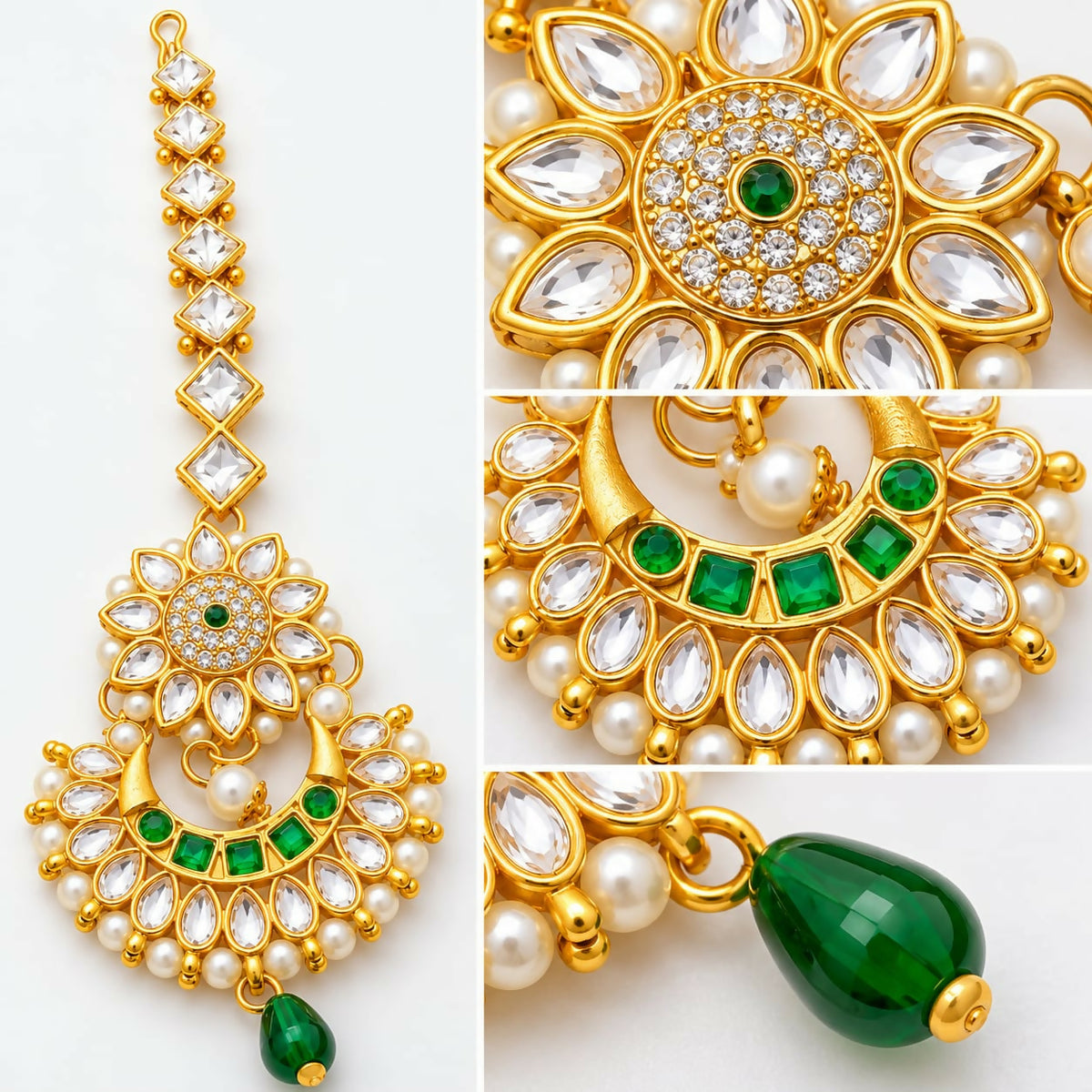 A gold-tone maang tikka with clear kundan stones, green gems, and small white pearls, with three close-up details.