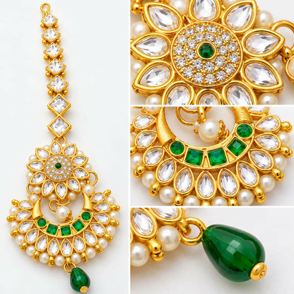 A gold-tone maang tikka with clear kundan stones, green gems, and small white pearls, with three close-up details.