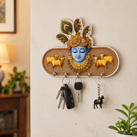 Shrinathji Krishna Mukut Mor Pankh Wooden Key Holder Wall Mount 5 Hooks Home Decor