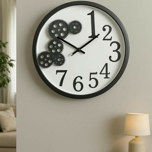 Modern Black & White Gear Design Wall Clock – 35 cm Large Decorative Round Analog Clock with Silent Quartz Movement, Stylish Number Pattern – Living Room, Bedroom & Office Wall Décor
