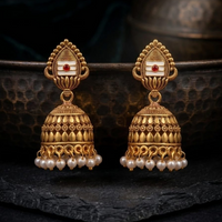 Traditional Gold Tone Jhumka Earrings with Pearl Drops and Temple Inspired Design