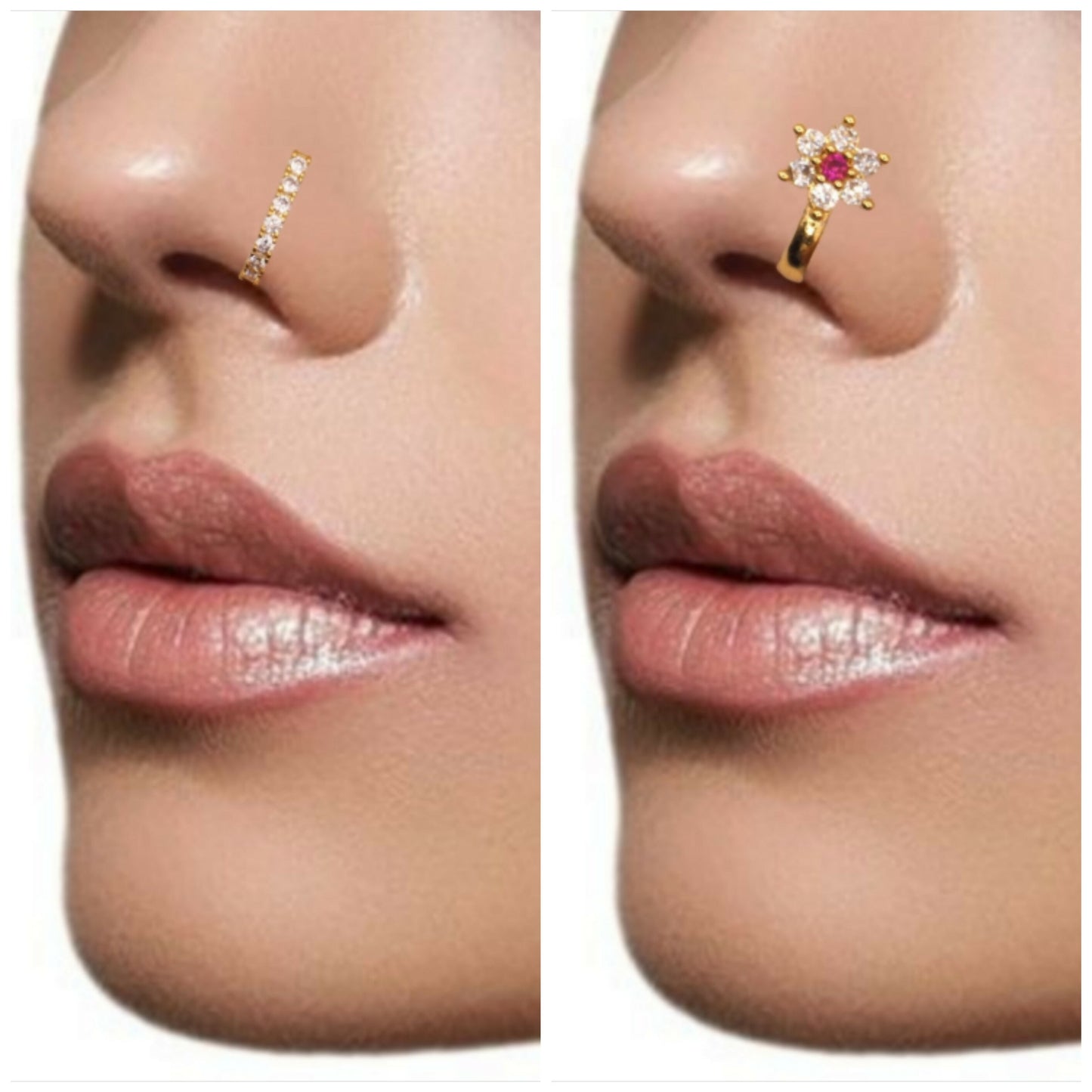 CZ Flower & Line Non-Piercing Nose Ring/Nath Set Combo Pack of 2